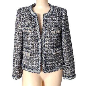 Stella Lorenzo Tweed‎ Blazer Frayed Hem Faux Pearl Rhinestones Size XS Preppy